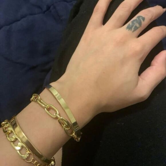 Unisex LOVE Men Women Gold Over Silver Chunky Gold Link Bangle Set - Picture 7 of 13